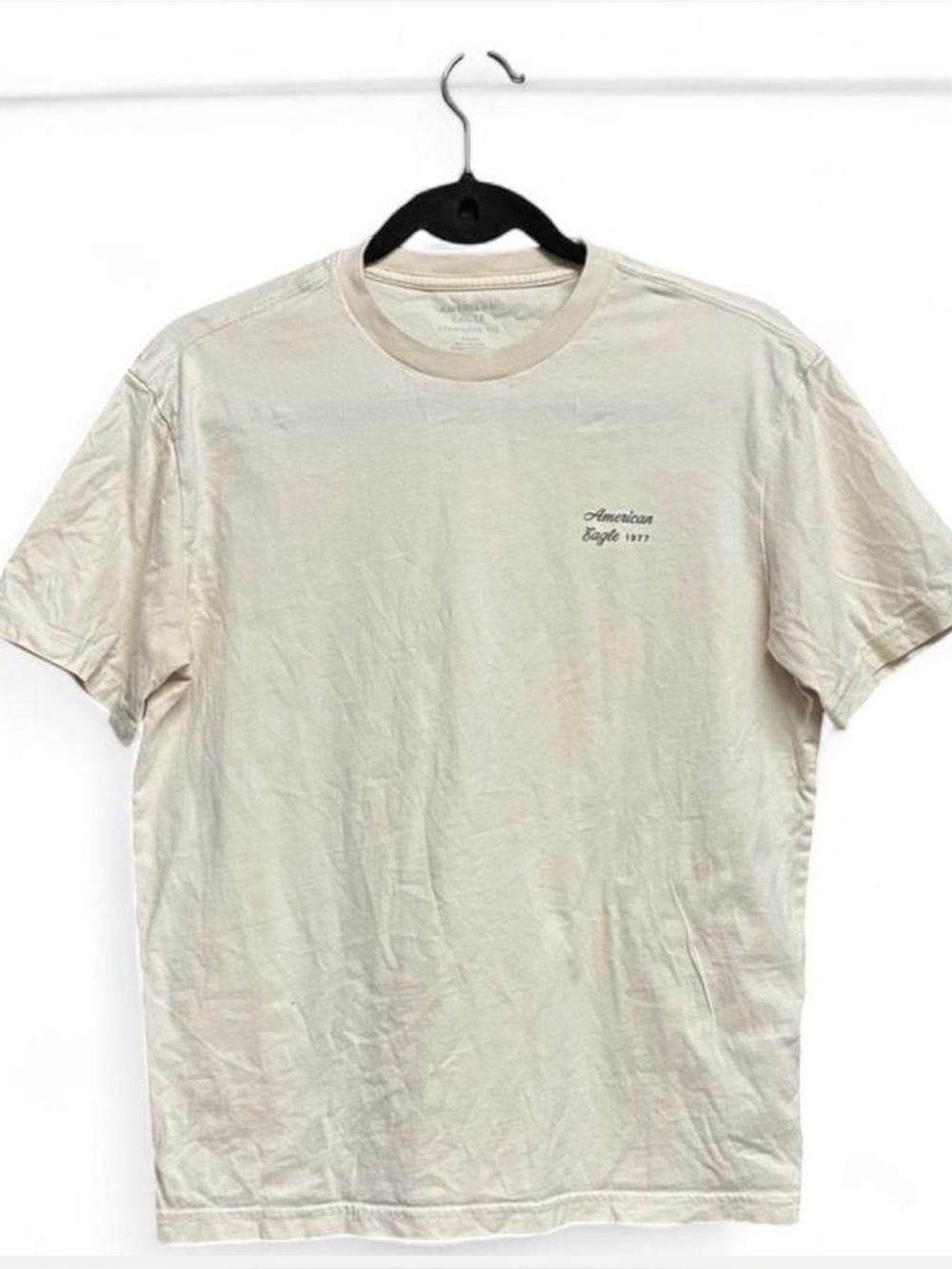 American Eagle Outfitters Men's Cream Crewneck Tee with Small Chest Logo